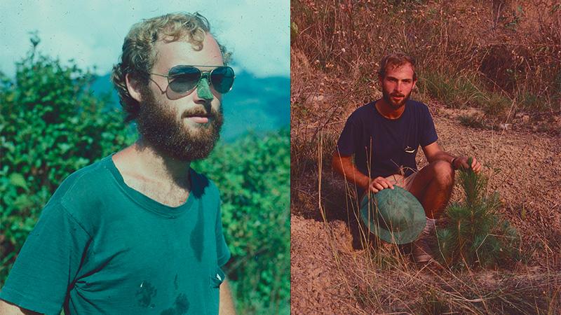 Two photos of Bert in Nepal; Bert in a t-shirt with a leaf on his nose and posing with a newly planted tree
