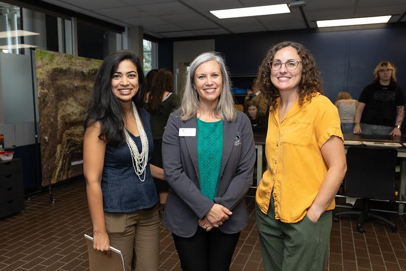Dean Levy with Bobbi Hornbeck, faculty leading the new lab, and Nazia Kazi, SOAN Program Chair