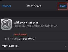 A screenshot of the wifi network security certificate for wifi.stockton.edu