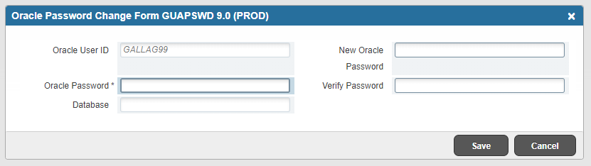 A screenshot displaying the Oracle Password Change Form GUAPSWD database in Banner 9.