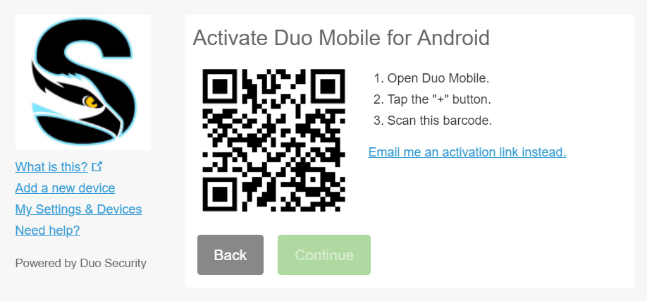 A screenshot showing the QR code used to activate a Duo mobile Android installation
