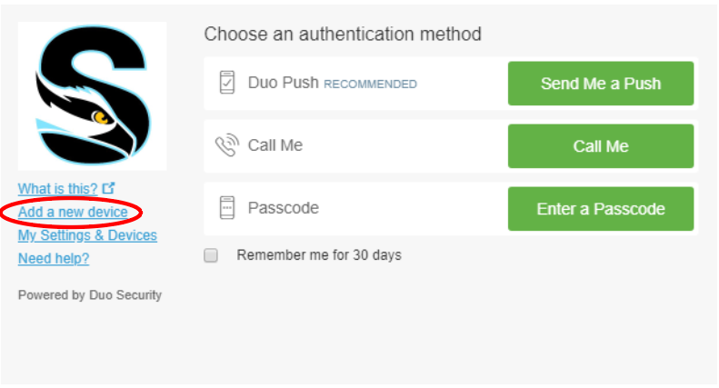 A screenshot showing the add a new device button for Duo Security
