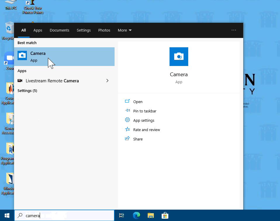 A screenshot of the windows start menu and the "Camera" application icon