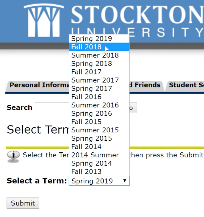 A screenshot depicting the semester selection drop-down menu.