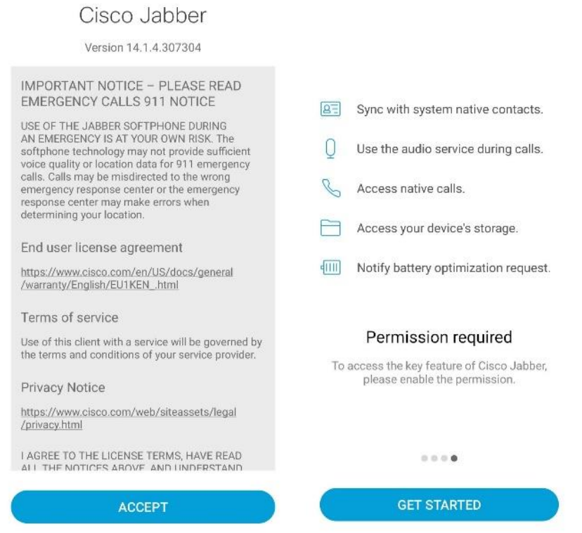 A screenshot of the TOS and permissions screens in the Cisco Jabber app