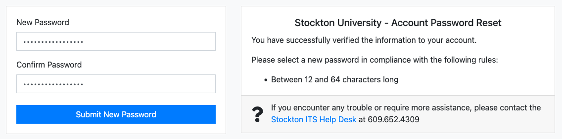 A screenshot of the GoStockton Portal password reset form. It indicates the two fields "new password" and "confirm password".