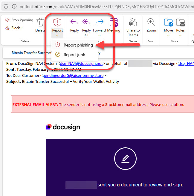 A screenshot of how to report phishing in OWA