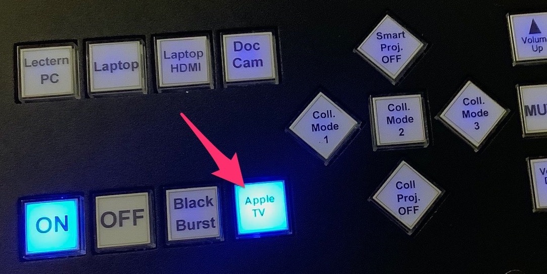 A podium control panel. The "ON" and "Apple TV" buttons are lit up.