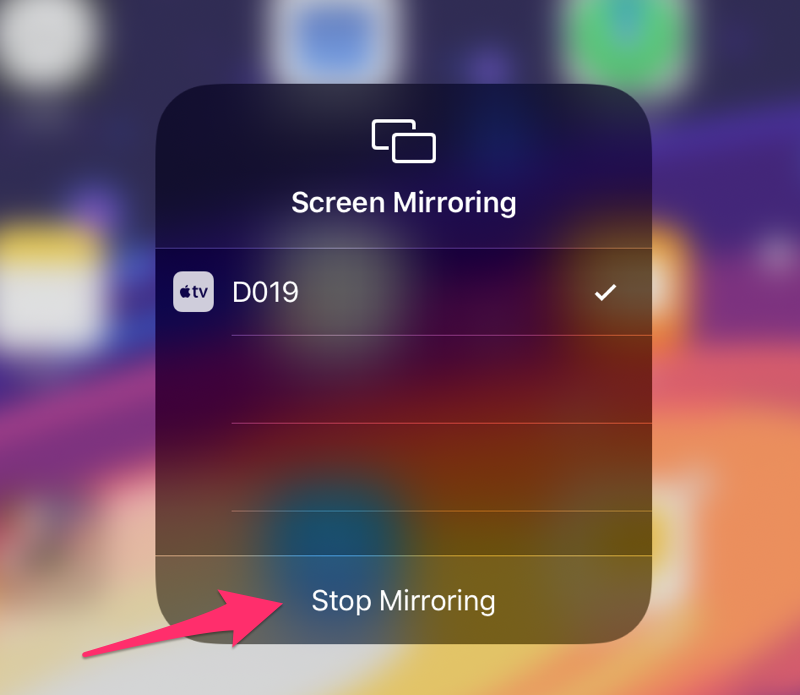 A screenshot of the list of AirPlay devices, with an arrow pointing at the "Stop Mirroring" button.