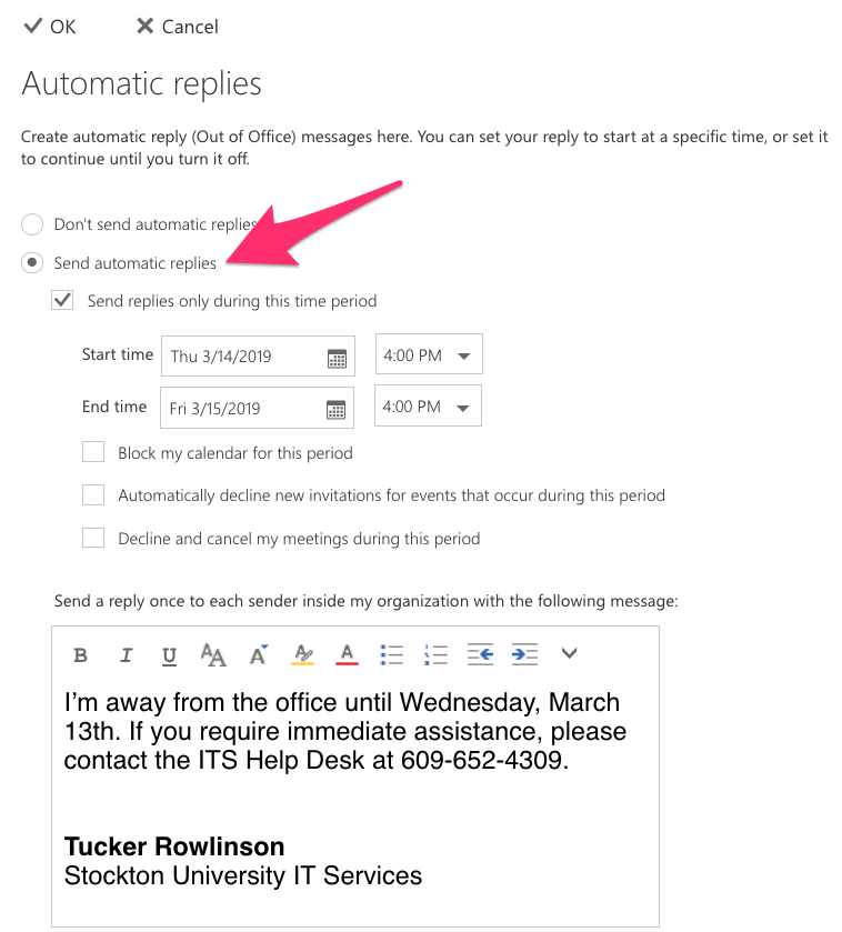 A screenshot of Outlook Web, showing the Automatic Replies setup screen.