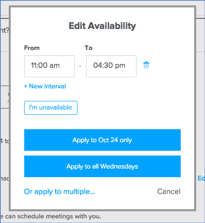 A screenshot of Calendly, showing the edit availability screen.