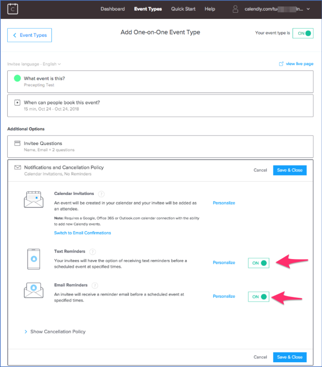 A screenshot of Calendly, showing the options to enable text reminders and email reminders.