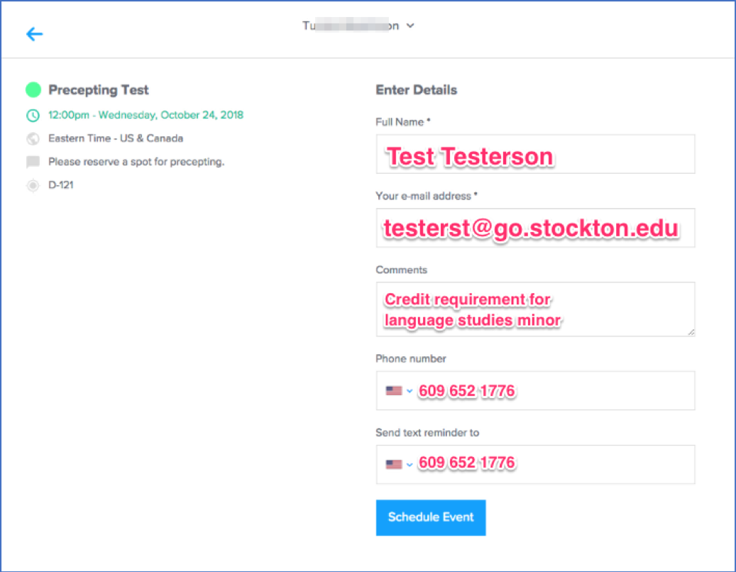 A screenshot of Calendly, showing the signup details page seen by students.