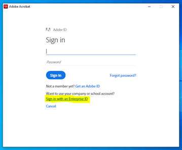 A screenshot of the Adobe CC sign-in page, with the button "Sign in with an Enterprise ID" highlighted
