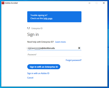 A screenshot of the Adobe sign-in page, with a stockton e-mail address entered into the email field.