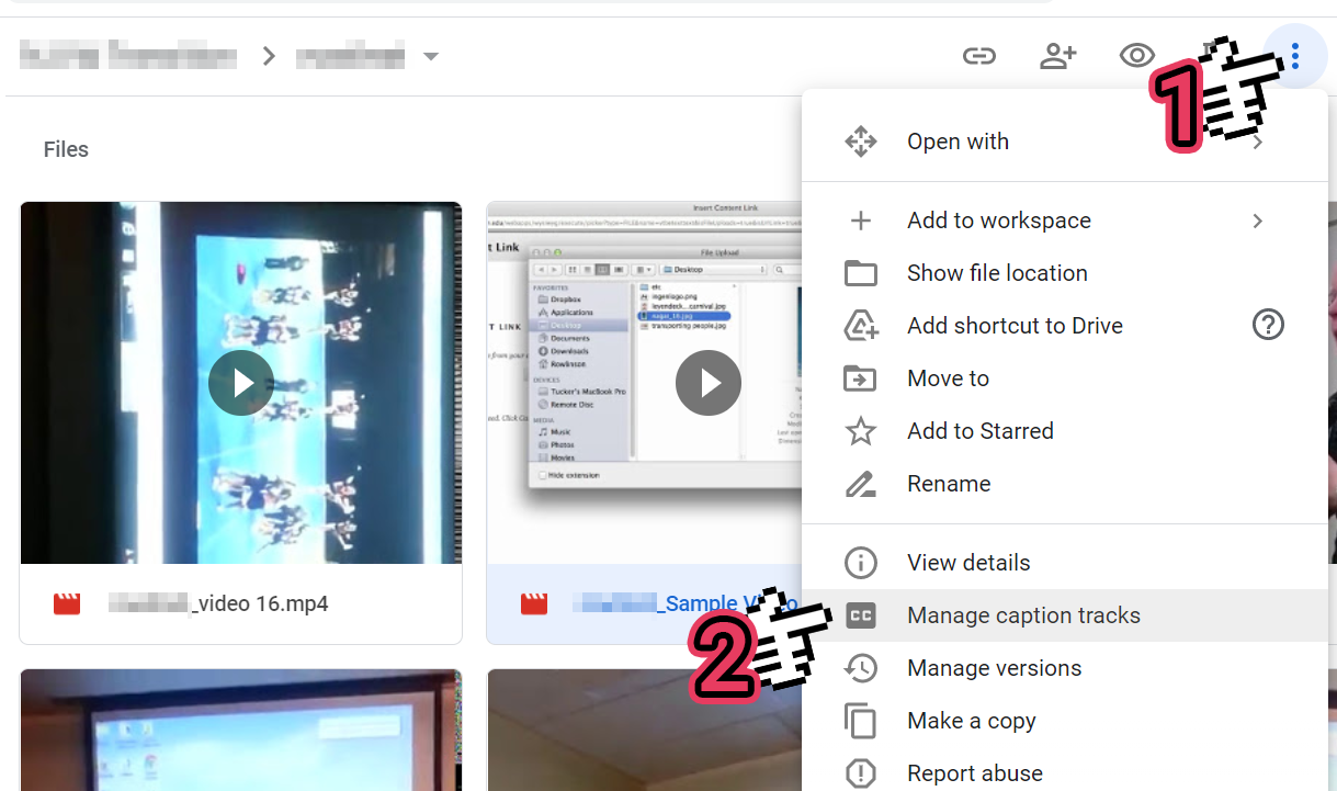 A screenshot of the Google Drive More menu, indicating towards the Manage Captions button.