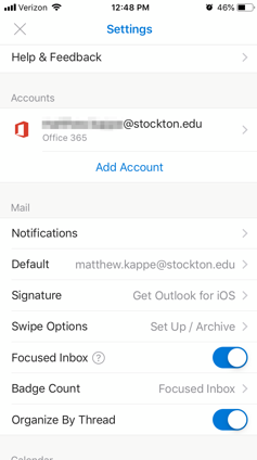 A screenshot showing the settings menu in Outlook for iOS