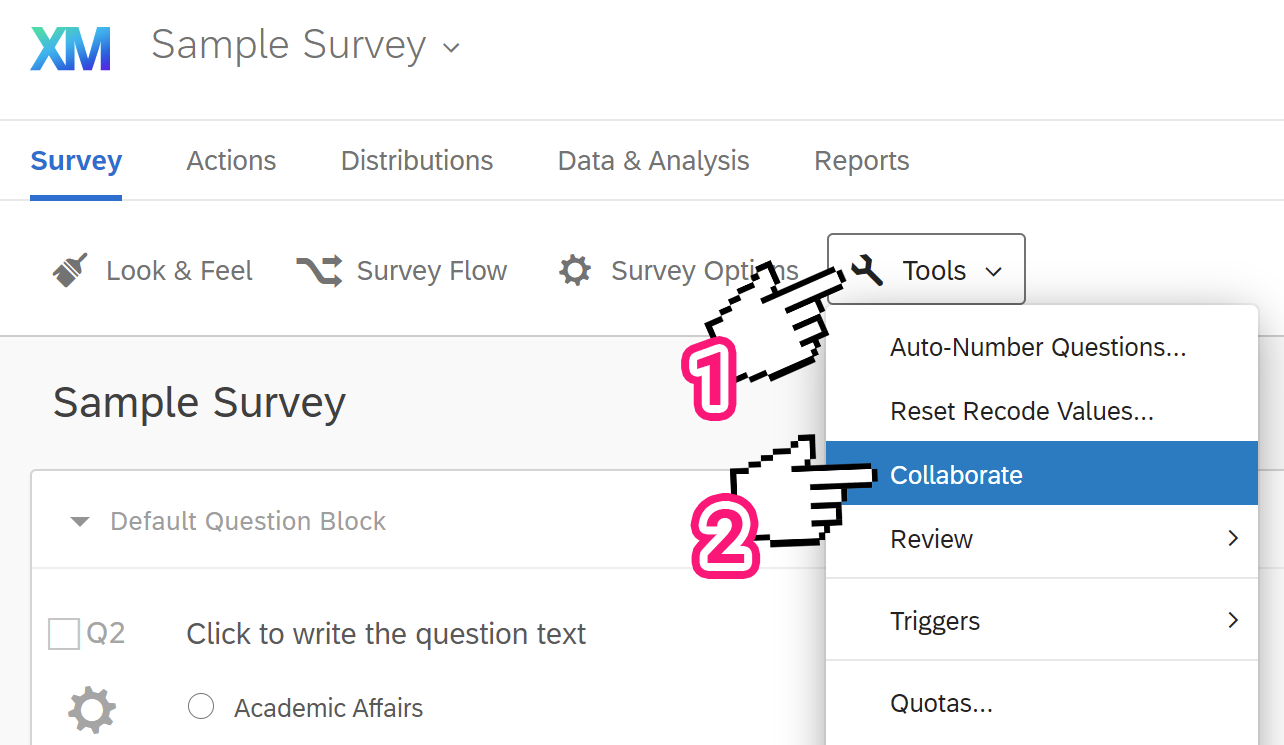 A screenshot of qualtrics, displaying the tools menu and highlighting the Collaborate option.