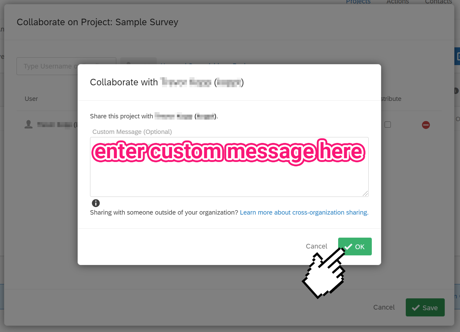 A screenshot of the collaborate invitation screen, showing the custom message dialog box and the Save button.