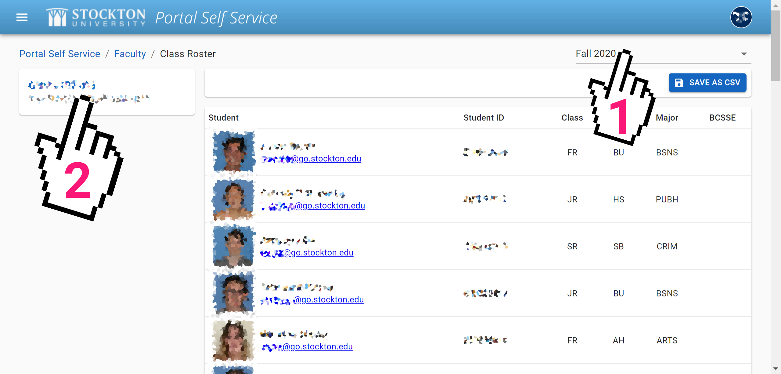 A screenshot of the photo roster tool indicating towards the semester drop-down menu and the course selection card.