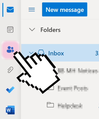 A screenshot of Outlook Web, with a hand indicating towards the Contacts icon in the left-hand menu.