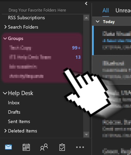 A screenshot of the Outlook desktop client, with a hand indicating towards the Groups section in the folders menu.