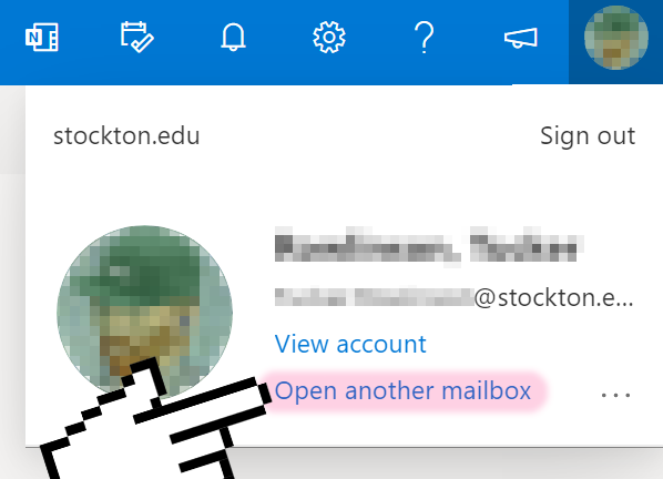 A screenshot of the Outlook Web profile menu, with a hand indicating towards the "open another mailbox" button.