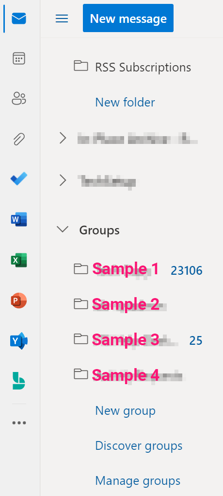 A screenshot of the Outlook Web folders menu, scrolled down to the Groups section.