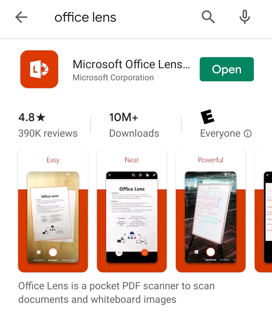 A screenshot showing Microsoft Office Lens in the Google Play Store.