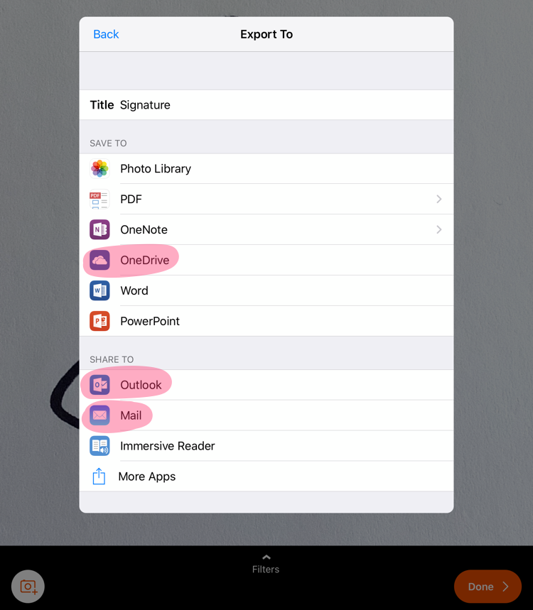 A screenshot showing the Microsoft Office Lens export menu in iOS.