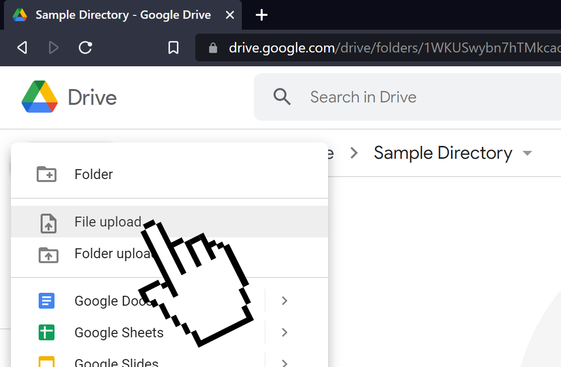 A screenshot of Google Drive, indicating towards the File upload button.
