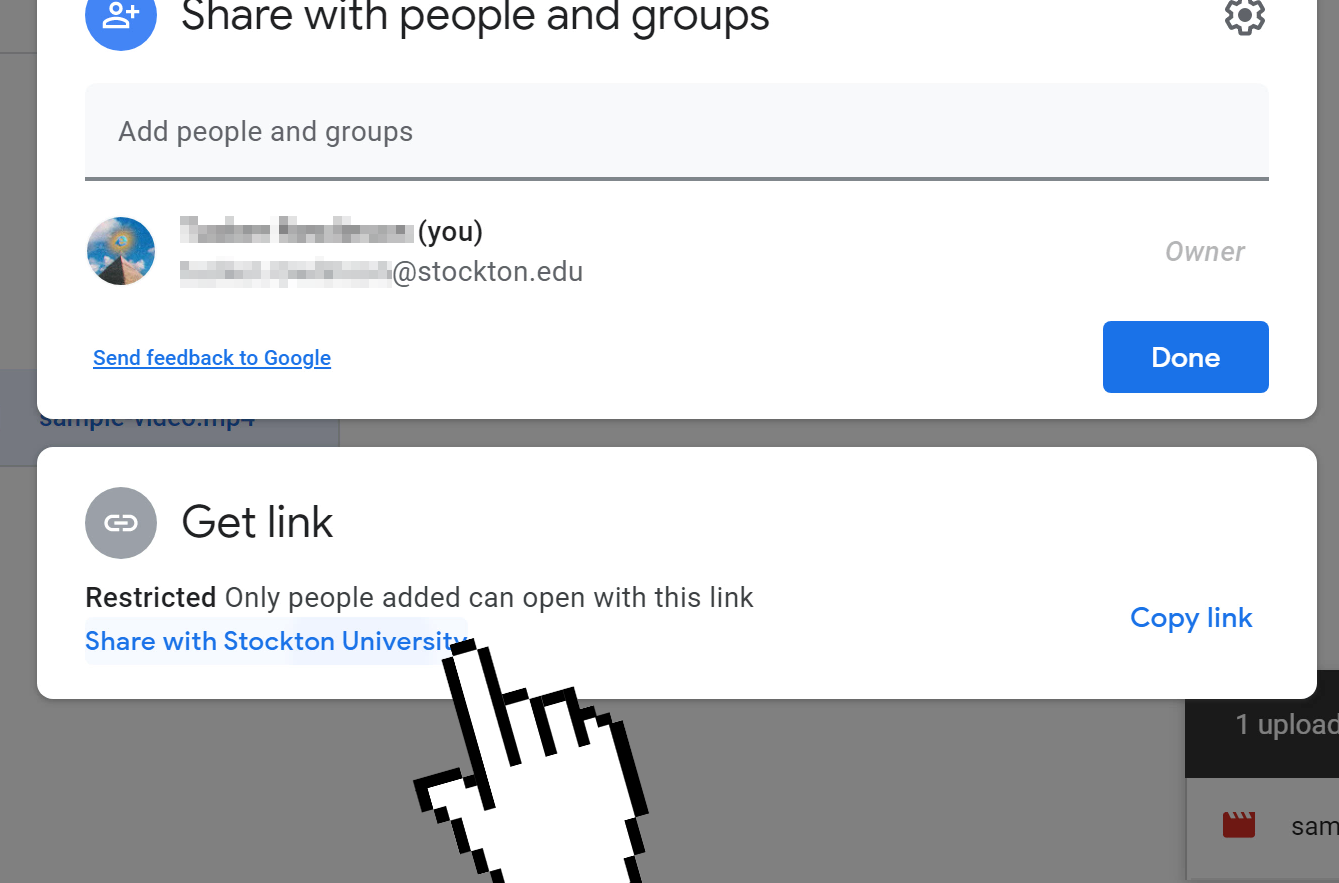 A screenshot of Google Drive, indicating the Share with Stockton University menu option