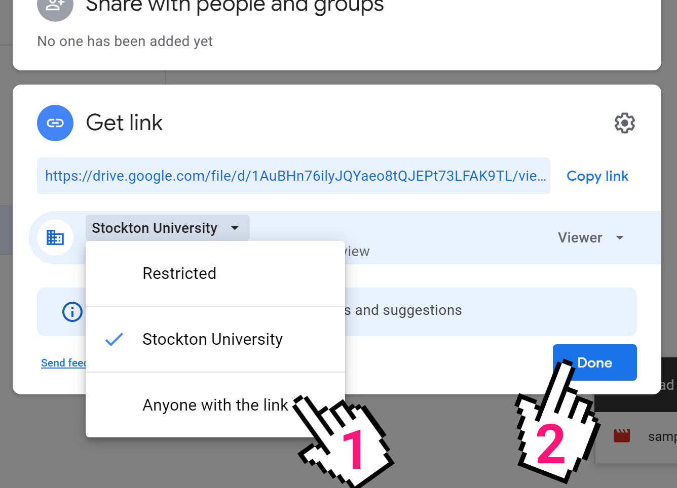 A screenshot of Google Drive, indicating the link permissions drop-down menu