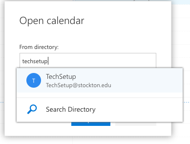 Screenshot of Outlook Web's "open calendar" dialog box with text being entered into the "from directory" field