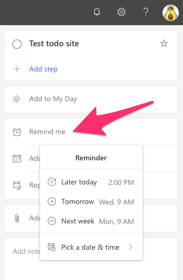 A screenshot of Microsoft To Do's web interface, highlighting the "Remind Me" function for an individual task.