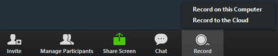 a screenshot of the zoom record button, with "record on this computer" and "record to the cloud" options displayed
