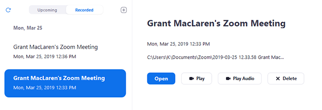 a screenshot of the zoom recordings tab