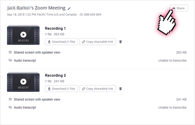 A screenshot of the Zoom recording management page, indicating towards the Share button.