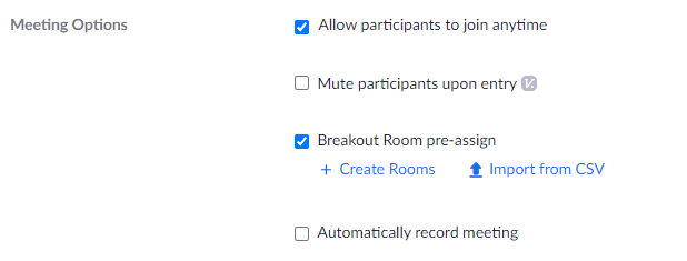 A screenshot of the Zoom meeting options screen and the breakout room pre--assign setting checkbox.