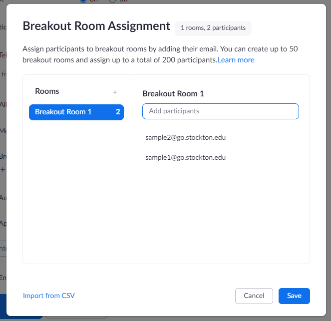 A screenshot of the Zoom breakout room pre-assign dialog box, prefilled with a sample breakout room and two sample users.