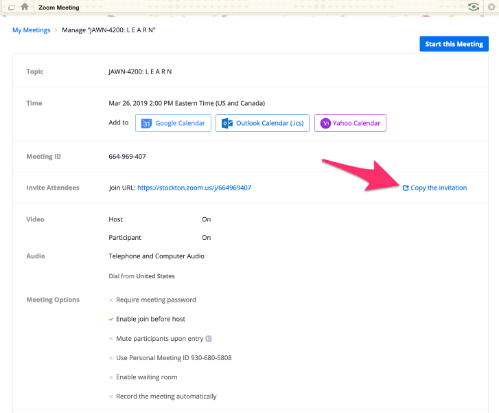 A screenshot showing details of a sample meeting, with an arrow indicating the "copy the invitation" button.