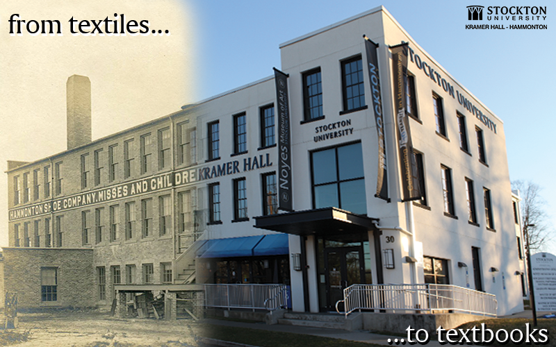 an old shoe factory photo transitioning into a modern school building with the words "from textiles to textbooks."