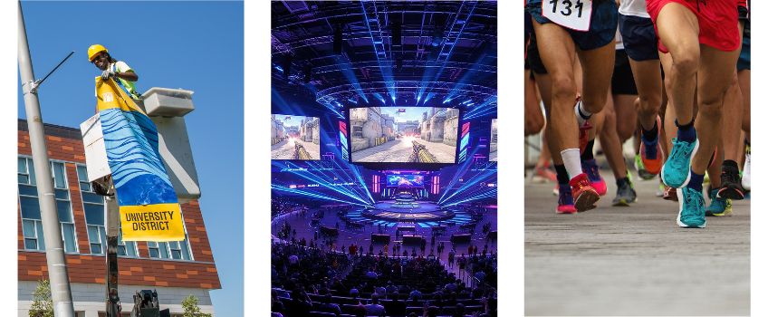 Collage of three images featuring city worker hanging a University District banner on an Atlantic City light pole, an esports arena and a line of runners on the Atlantic City Boardwalk