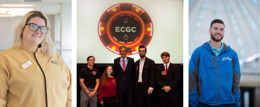 Collage of students experiencing Atlantic City - Destiny Craig in her Bally's Uniform Stockton Summer Experience 2022 - Four students event volunteers pose with Lloyd D. Levenson under the East Coast Gaming Congress (ECGC) logo - Matt DeCicco poses in front of the Steel Pier ferris wheel in his work uniform.