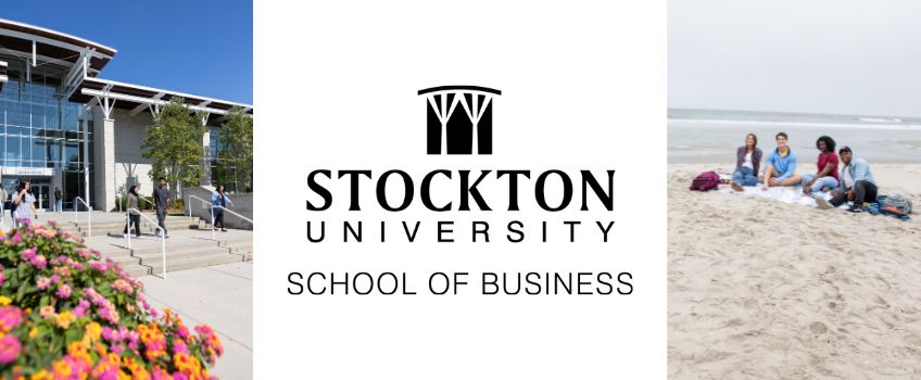 Stockton University School of Business wordmark flanked by images of the Galloway and Atlantic City campuses
