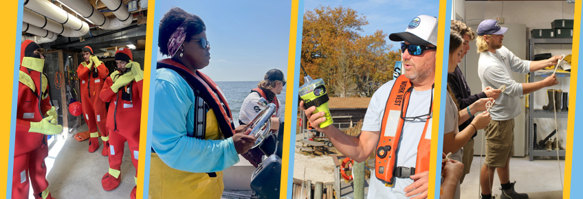 collage of students practicing safety best practices while operating