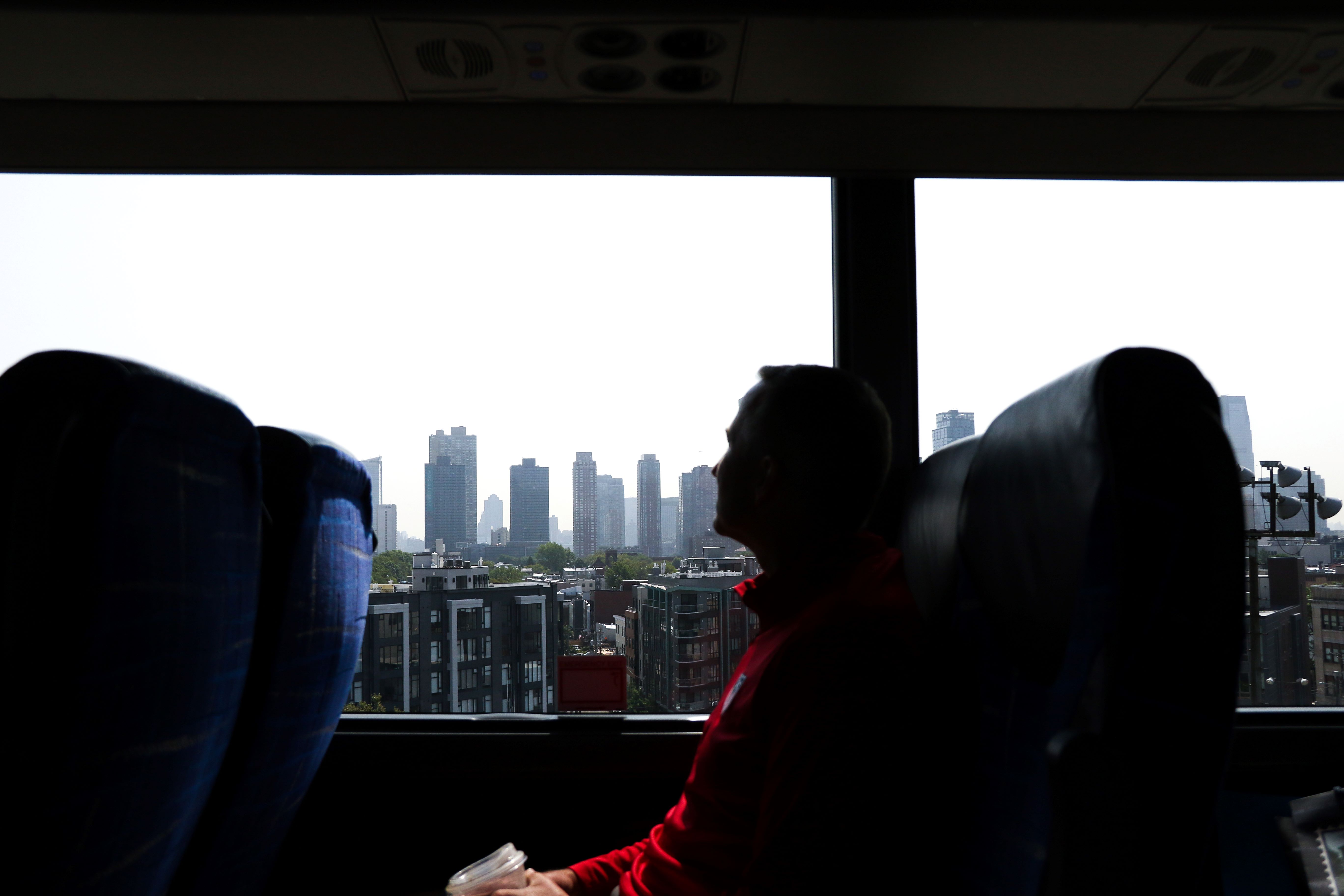 Person riding on bus.