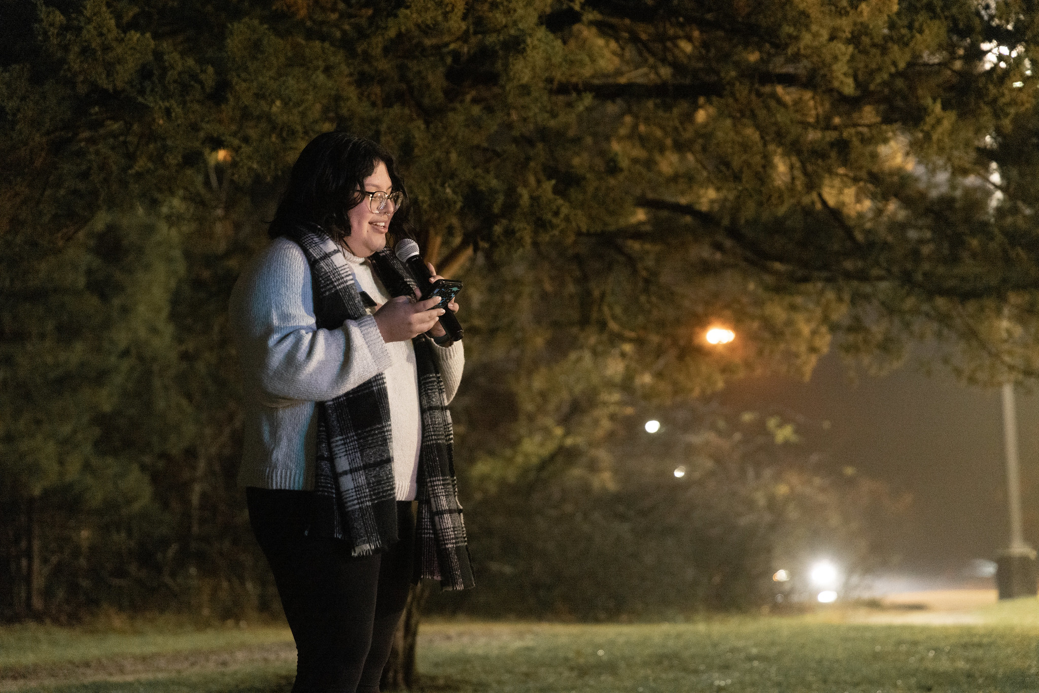 Andrea Sandoval, a Stockton student senator, gives a speech at the second annual Winter Tree-dition.