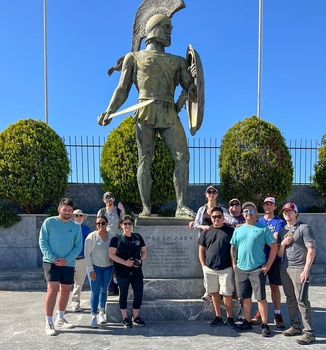 Nine veterans and military students spent 12 days in Greece visiting historic sites such as Sparta to help veterans students connect with their military experiences.
