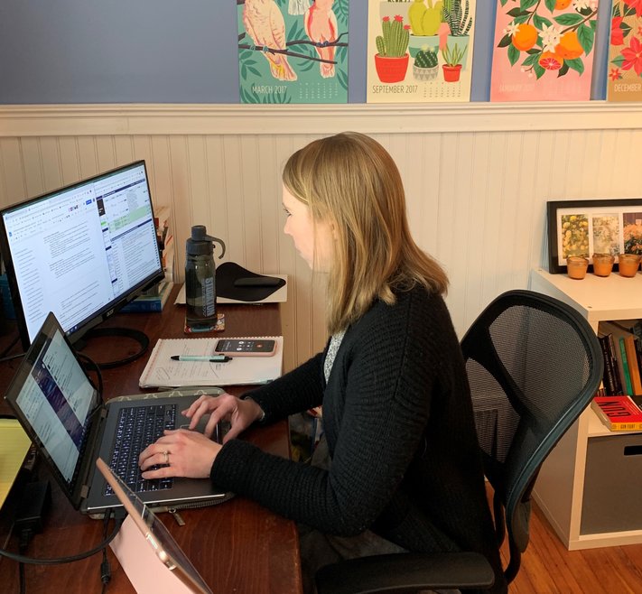 Claire Abernathy working from home during a recent C2C town hall meeting.